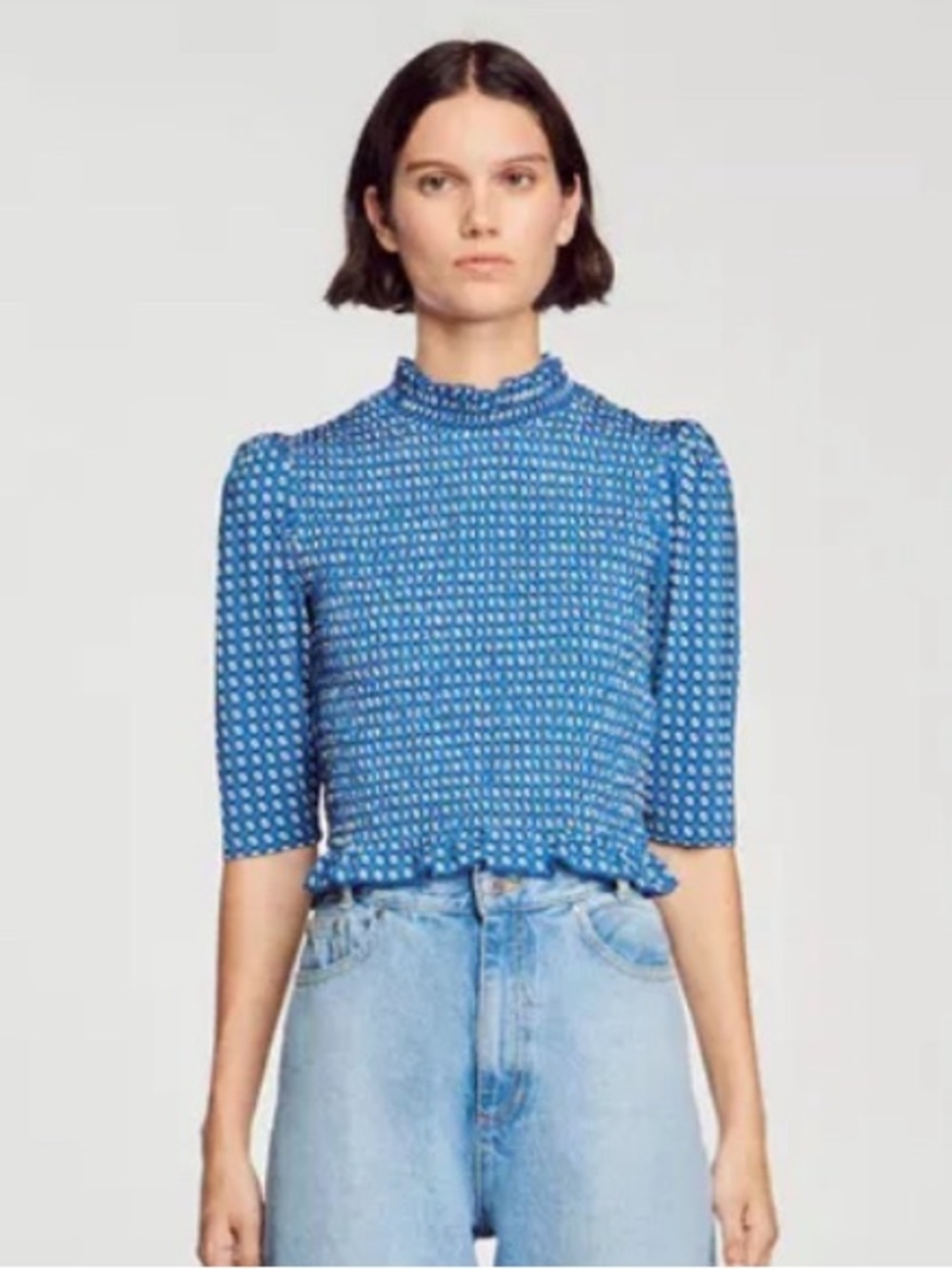 SANDRO Smocked Printed Top XS